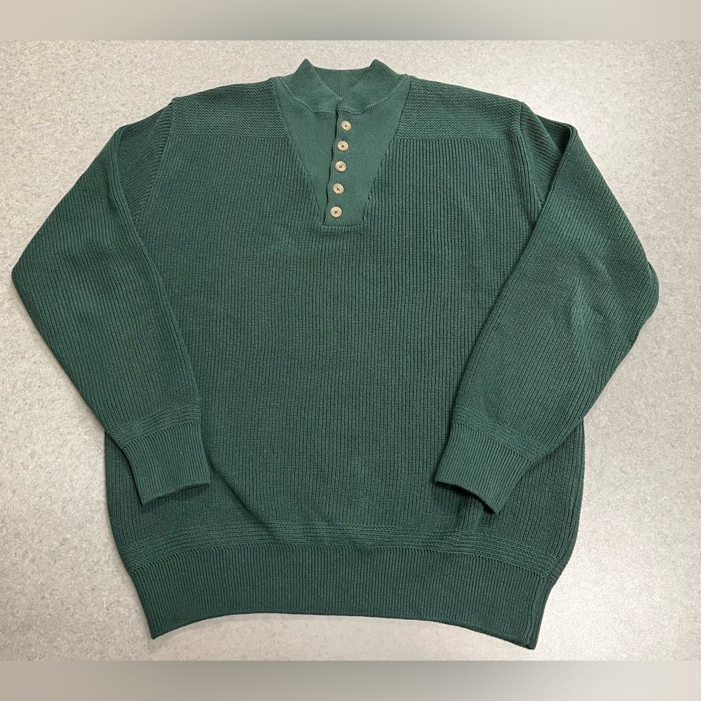 Vintage L.L.Bean Henley Sweater Mens XL Long Green Waffle Knit Made USA